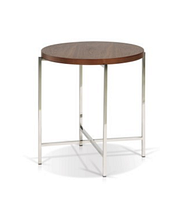 Single round end table, wood top, chrome legs