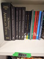 Books on shelf showing titles and spines