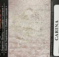 Close-up of Carina rug label showing brand and collection