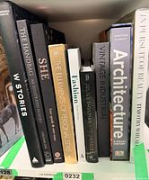 Shelf showing nine style and architecture books with visible titles