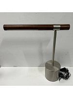 Full view of lamp showing brushed nickel base, stem and wooden bar light