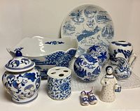 Group shot showing all ten blue and white porcelain items