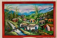 Close-up of oil painting showing village scene and red wood frame