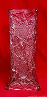 front view of square pressed glass vase showing geometric pattern