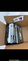 Box containing five Michael Jackson related DVD cases standing upright