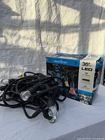Coiled string lights beside retail box front view