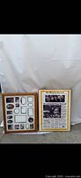 Two large wood frames, left with collage openings, right with newspaper page