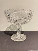 Side view of clear cut crystal pedestal compote bowl showing cut patterns and pedestal