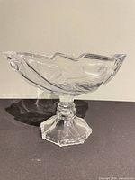 Side view of clear pressed glass compote showing pedestal stem and ruffled bowl