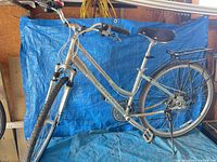 Left side view of entire bicycle with rear rack and kickstand visible