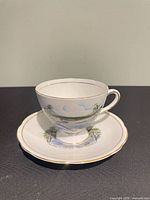 Teacup on saucer showing landscape design and gold rim