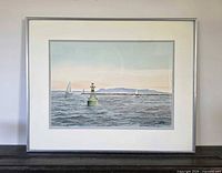 Full view of framed watercolour showing artwork, mat and frame