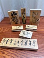 Group shot showing all six wooden stamps on table