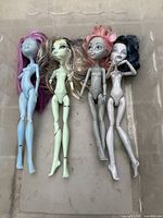 Four Monster High dolls inside plastic bin, showing overall condition and missing limbs