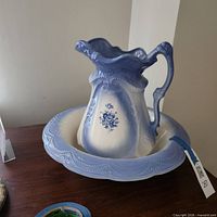 Pitcher resting in matching basin showing overall appearance and color