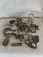 All hardware items spread on fabric background showing variety