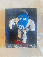 Front view of Blue M&M Elvis figure inside original box