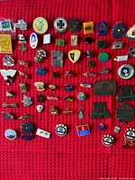 Full layout of 60 assorted enamel lapel pins on red background