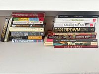 All books arranged in two stacks on shelf