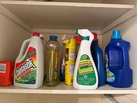 Shelf with Fantastik cleaners, dish soap, Lysol spray, two blue laundry detergents, orange baking soda box