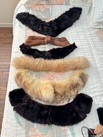 Six fur stoles or collars laid out on bed showing colour range