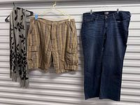 scarf, cargo shorts, jeans together