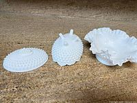 Lid, candy dish base, and ruffled bowl displayed side-by-side