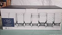 Front of Mikasa Cheers box showing all eight etched glass designs