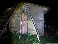Full view of the aluminum A-frame ladder leaning against shed