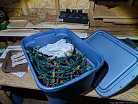 Top view of first blue tote showing multicolour bulb light strings