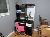 Full view of desk, chair and shelving
