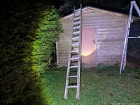 Full view of aluminum extension ladder leaning against shed, closed configuration