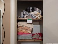 Full view of two shelves containing towels, linens and doily