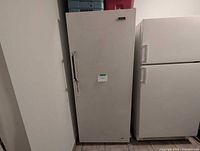 Front view of upright freezer showing exterior, handle, and badge