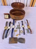 Group shot of all items including basket open showing contents laid out
