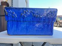 front view showing blue glazed planter with raised vine motif