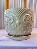 Front view showing owl motif and saucer