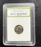 Front of slab showing label and obverse of 1980-S Roosevelt dime