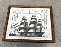 Front view of framed engraving showing ship and equipment