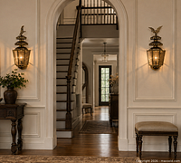 Lanterns mounted on wall in entryway, showing scale and appearance