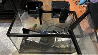 Top view of glass aquarium with hood removed, HOB filter attached, wiring visible