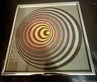 Full view of framed Vasarely print showing concentric circle design and metal frame