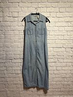 Full front view of denim maxi dress on hanger