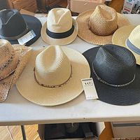 Six of the seven hats displayed on table showing variety of styles and colors
