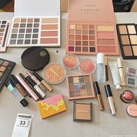 Overview of all cosmetics laid out on table