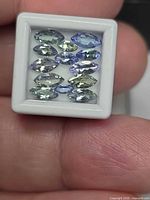 Front view of all marquise tanzanites in display box