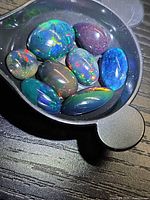 Eight opal cabochons in small dish, showing overall quantity and color play