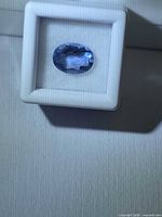Oval blue fluorite in display case under cool light