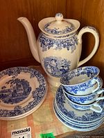 Teapot, cups, saucers and plates showing pattern and backstamp visible on Copeland Spode Byron china