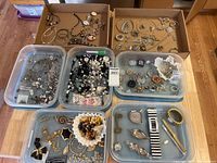 Overall view of six tubs and two trays filled with assorted jewelry pieces